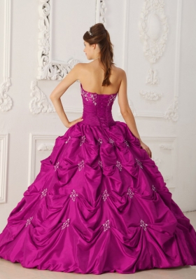 Fuchsia Strapless Taffeta Appliques and Pick-ups Quinceanera Gowns