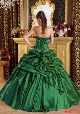 Green Puffy StraplessQuinceanera Dresses with Pick-ups Taffeta