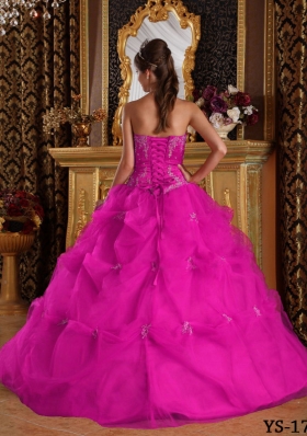 Strapless Appliques and Pick-ups Tulle Quinceanera Dress in Fuchsia