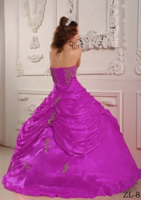 Strapless Fuchsia Organza Appliques Decorate Quinceanera Dress