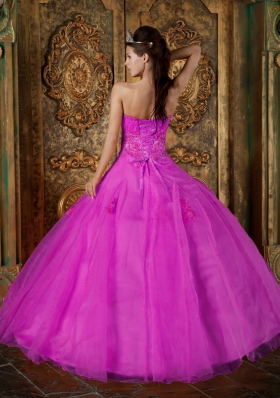 Sweetheart Organza Appliques with Beading Quinceanera Dress in Fuchsia