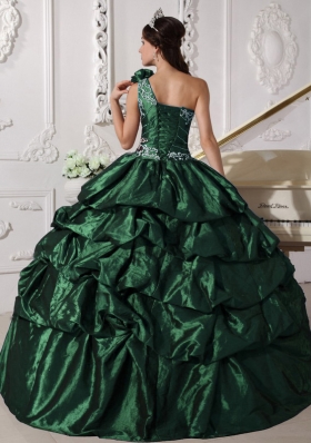 2014 Dark Green Ball Gown One Shoulder Quinceanera Dresses with Appliques