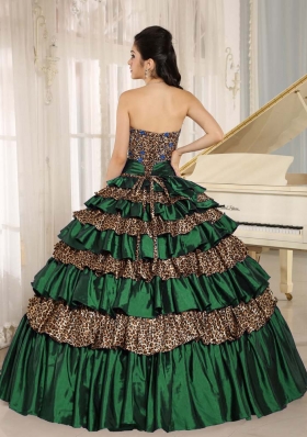 2014 Green Leopard Layers and Appliques Quinceanera Dress For Custom Made