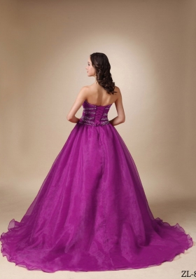 A-Line / Princess Sweetheart Chapel Train Taffeta and Organza Beading Quinceanea