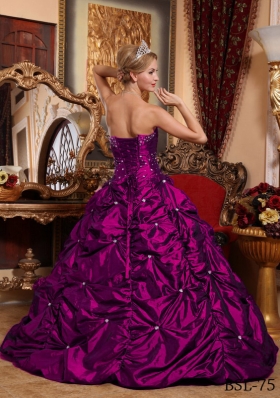 A-line Fuchsia Strapless Taffeta Beading and Pick-ups Quinceanera Gowns