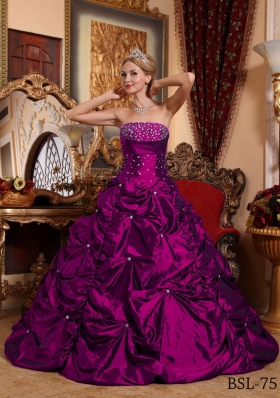 A-line Fuchsia Strapless Taffeta Beading and Pick-ups Quinceanera Gowns