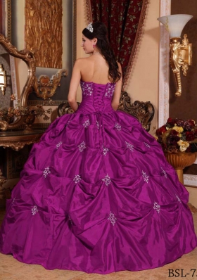 Appliques and Pick-ups Strapless Fuchsia Dress For Quinceanera