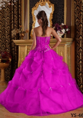 Appliques and Pick-ups Strapless Fuchsia Tulle Quinceanera Dress