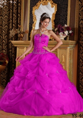 Appliques and Pick-ups Strapless Fuchsia Tulle Quinceanera Dress