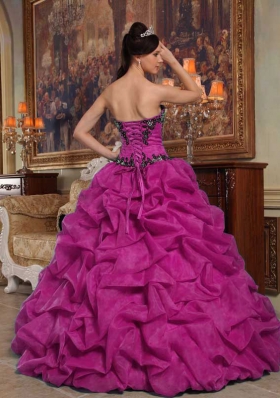 Appliques and Pick-ups Strapless Organza Fuchsia Dresses For a Quinceanera