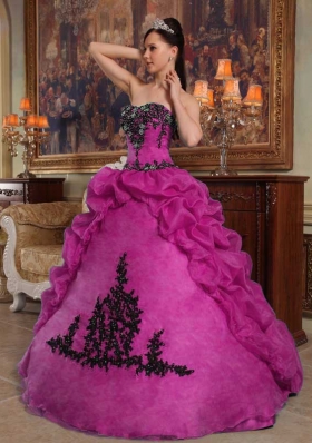 Appliques and Pick-ups Strapless Organza Fuchsia Dresses For a Quinceanera