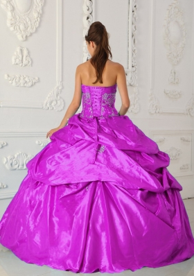 Appliques and Ruching Sweetheart Fuchsia Taffeta Sweet Sixteen Dresses