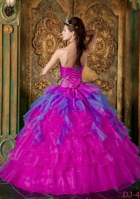 Appliques with Beading Organza Strapless Quinceanera Dress in Fuchsia