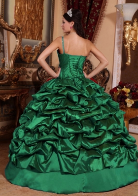 Dark Green Ball Gown One Shoulder 2014 Quinceanera Dresses with Pick-ups