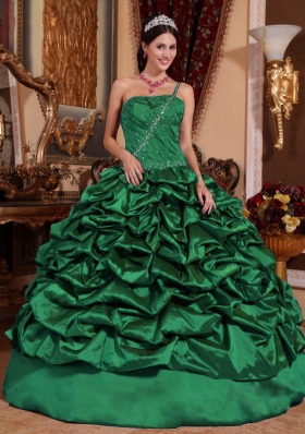 Dark Green Ball Gown One Shoulder 2014 Quinceanera Dresses with Pick-ups