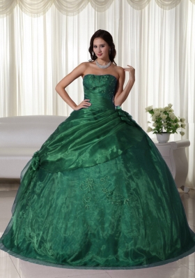 Dark Green Ball Gown Strapless Quinceanera Dress with  Beading and Embroidery