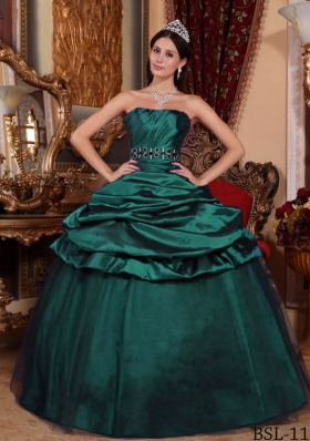 Dark Green Princess Puffy Strapless 2014 Quinceanera Dresses with Beading