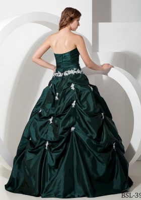 Elegant Dark Green Puffy  Sweetheart Quinceanera Dresses with Taffeta Appliques