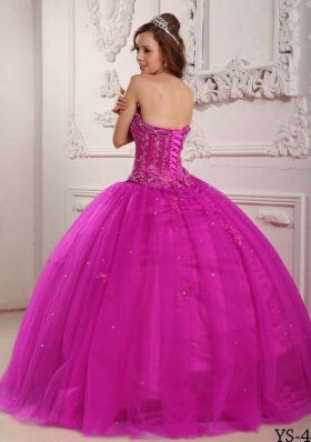 Elegant Strapless Tulle Fuchsia Quinceanera Dress with Appliuqes