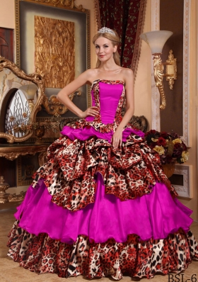 Fashionable Strapless Taffeta Pick-ups Quinceanera Dress with Leopard