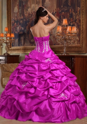 Fuchsia Strapless Appliques and Pick-ups Taffeta Dresses For a Quince