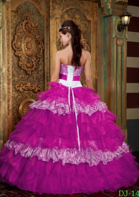 Fuchsia Strapless Organza and Zebra Quinceanera Gown with Ruffled Layers