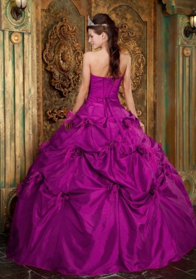 Fuchsia Strapless Taffeta Beading and Hand Made Flowers Sweet 15 Dresses