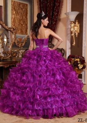 Fuchsia Sweetheart Organza Beaded Decorate Waist Quinceanera Dress