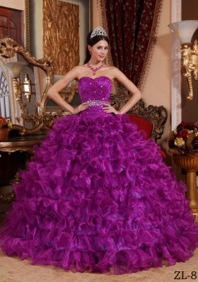 Fuchsia Sweetheart Organza Beaded Decorate Waist Quinceanera Dress