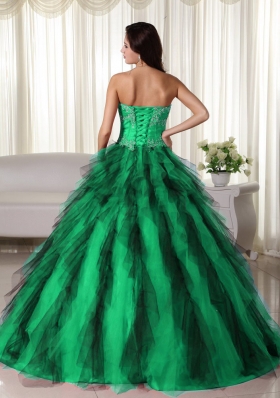 Green Ball Gown Strapless Green and Black Quinceanera Dress with Taffeta Appliques