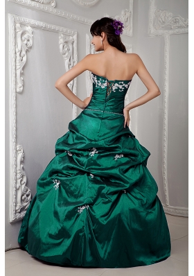 Green Ball Gown Strapless Quinceanea Dress with Appliques and Pick-ups