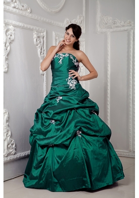 Green Ball Gown Strapless Quinceanea Dress with Appliques and Pick-ups