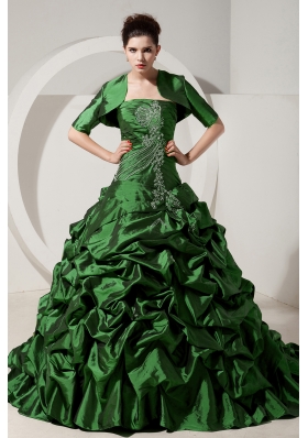 Green Princess Strapless Brush Tain Quinceanera Dresses with Taffeta Beading