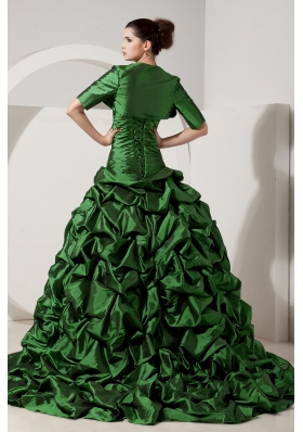 Green Princess Strapless Brush Tain Quinceanera Dresses with Taffeta Beading