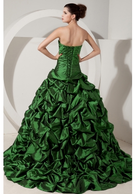 Green Princess Strapless Brush Tain Quinceanera Dresses with Taffeta Beading