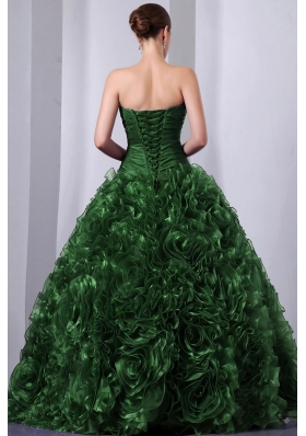 Green Princess Strapless  Organza Quinceanea Dress with Beading and Hand Made Flowers