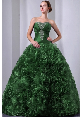 Green Princess Strapless  Organza Quinceanea Dress with Beading and Hand Made Flowers
