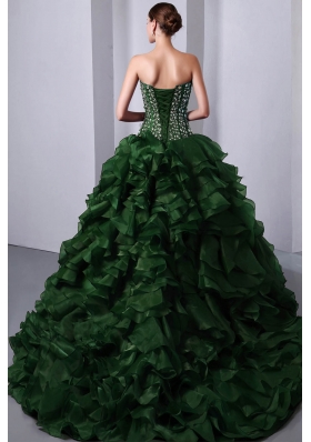 Green Princess Sweetheart Brush Train Organza Quinceanea Dress with Beading and Ruffles