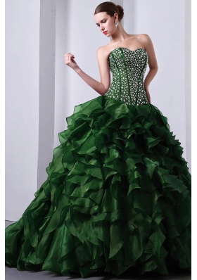 Green Princess Sweetheart Brush Train Organza Quinceanea Dress with Beading and Ruffles