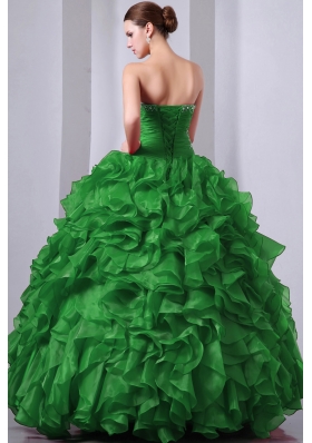 Green Princess Sweetheart Organza Quinceanea Dress with Beading and Ruffles