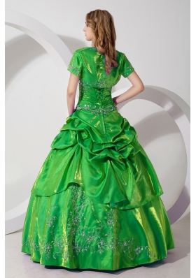 Green Taffeta Princess Strapless Quinceanera Dresses with  Embroidery