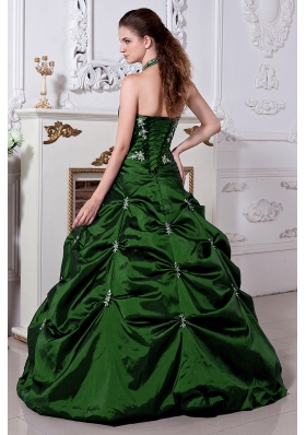 Hunter Green Princess Halter Quinceanera Dresses with Embriodery