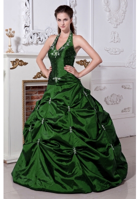 Hunter Green Princess Halter Quinceanera Dresses with Embriodery