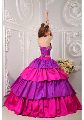 Multi-color Strapless Taffeta Appliques and Ruffled Layers Sweet 16 Dresses