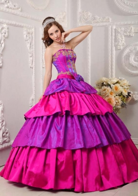 Multi-color Strapless Taffeta Appliques and Ruffled Layers Sweet 16 Dresses