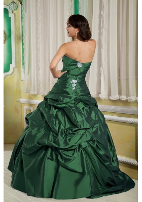 Princess Strapless Green Quinceanera Dress with Taffeta Appliques