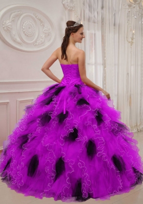 Purple and Black Sweetheart Orangza Beading and Ruffles Quinceanera Gown