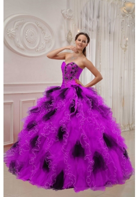 Purple and Black Sweetheart Orangza Beading and Ruffles Quinceanera Gown