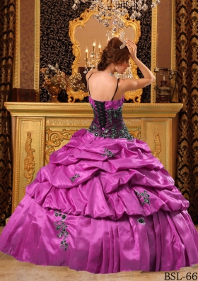 Spaghetti Straps Taffeta Appliques Quinceanera Dress in Fuchsia