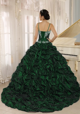 Special Fabric Pick-ups Spagetti Straps Green Quinceanera Dresses with Appliques